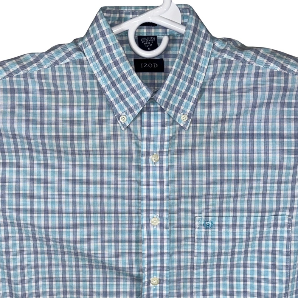 IZOD Mens Blue White‎ Plaid Easy Care Cotton Button Down Shirt Size Medium
